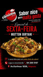 Prato de biryani anunciado por um restaurante em Maputo